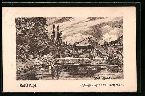 AK Karlsruhe, Schwarzwaldhaus im Stadtgarten