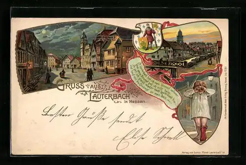 Lithographie Lauterbach in Hessen, Strassenpartie, Ortspartie, Kind ohne Socke