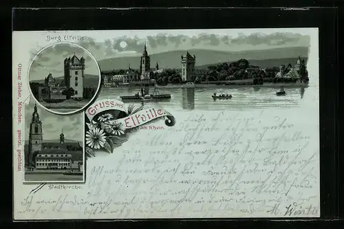 Mondschein-Lithographie Eltville a. Rhein, Burg mit Stadtkirche