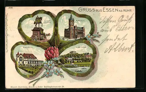 Passepartout-Lithographie Essen a. d. Ruhr, Kaiser-Denkmal, Rathaus, Ruhrstein, Villa Hügel