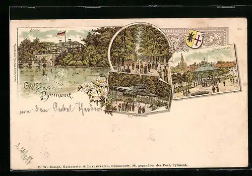 Lithographie Pyrmont, Schloss, Haupt-Allee, Helenenquelle