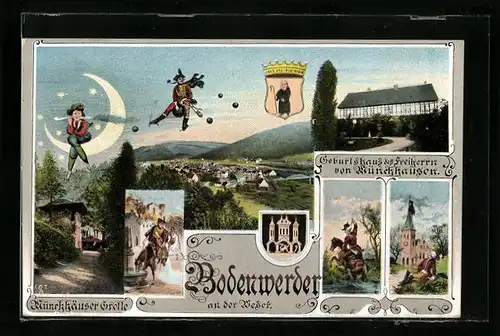 AK Bodenwerder an der Weser, Geburtshaus des Freiherrn von Münchhausen, Kirche, Ortspartie