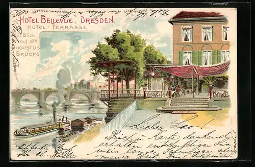 Lithographie Dresden, Hotel Bellevue, Hotel-Terrasse, Augustus Brücke