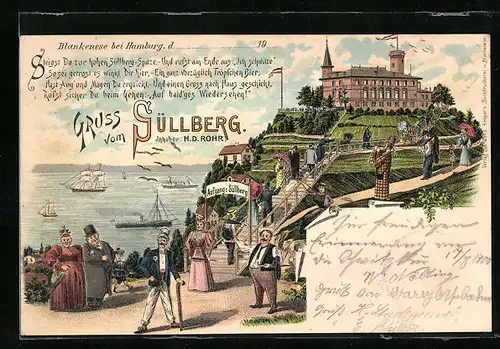 Lithographie Blankenese b. Hamburg, Süllberg mit Uferpartie