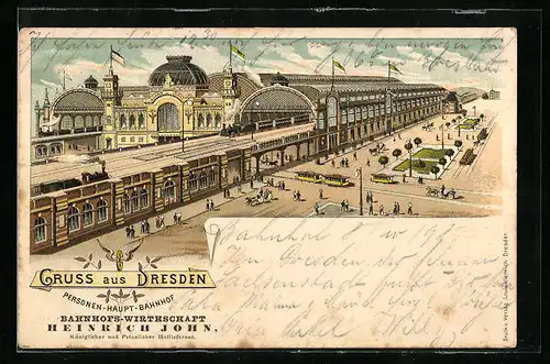Lithographie Dresden, Personen-Haupt-Bahnhof mit Dampfzug und Strassenbahnen