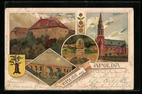 Lithographie Apolda, Schloss, Viaduct, Denkmal, Wappen