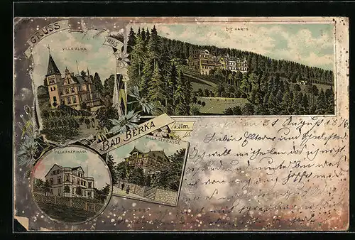 Lithographie Bad Berka, Die Harth, Villen Alma, Amerikana und Terrasse