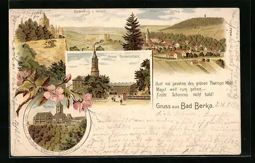 Lithographie Bad Berka, Ortsansicht mit Rudelsburg, Residenzschloss Weimar, Wartburg