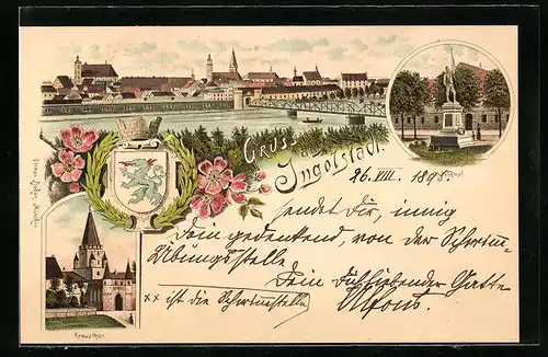 Lithographie Ingolstadt, Ortspanorama, Kreuzthor, Wappen