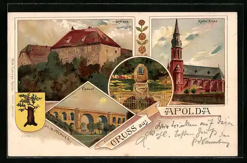 Lithographie Apolda, Katholische Kirche, Schloss, Viaduct, Wappen