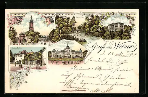 Lithographie Weimar, Residenzschloss, Schloss Belvedere, Schloss Tiefurt