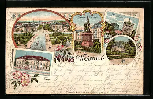 Lithographie Weimar, Krieger-Denkmal, Göthe-Haus im Park, Theater