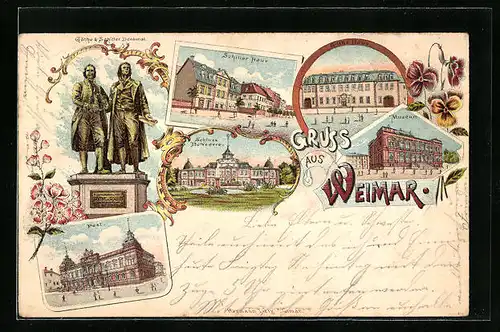 Lithographie Weimar, Göthe- und Schiller-Denkmal, Museum, Post
