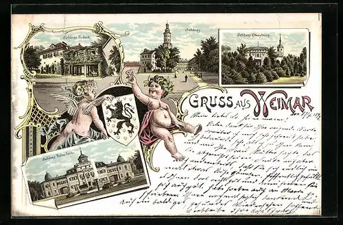 Lithographie Weimar, Schloss, Schloss Tiefurt, Schloss Belvedere, Putten, Wappen
