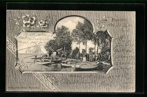 Passepartout-AK Neustrelitz, Ausflügler und Ruderboote am Seeufer