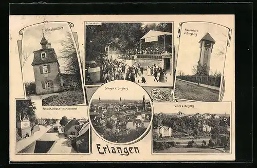 AK Erlangen, Palmshäuschen, Donau Mainkanal mit Monument, Gasthaus Felsenkeller