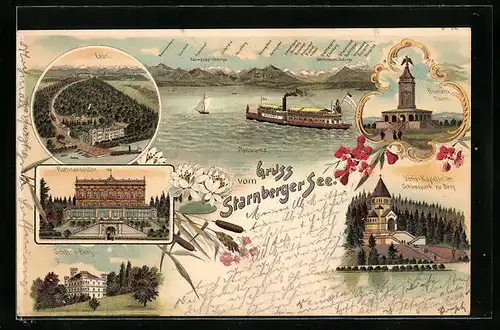 Lithographie Berg / Starnberger See, Panorama, Leoni, Rottmannshöhe