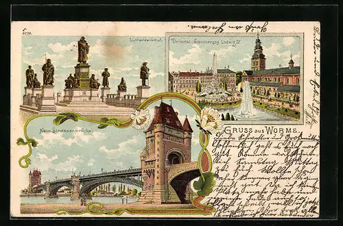 Lithographie Worms, Neue Strassenbrücke, Denkmal Grossherzog Ludwig IV., Lutherdenkmal