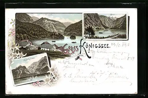 Lithographie St. Bartholomae, Teilansicht mit Königssee, Seepartien