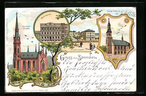 Lithographie Berlin-Spandau, Gymnasium, Garnisonkirche, Militair-Lazareth