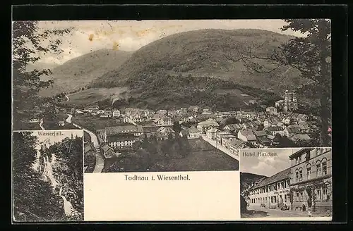 AK Todtnau /Wiesenthal, Gesamtansicht aus der Vogelschau mit Bergblick, Wasserfall und Hotel Hirschen