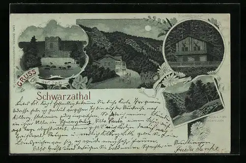 Lithographie Schwarzburg, Gasthaus Schweizerhaus, Blick auf den Kirchfelsen, Ruine Eberstein