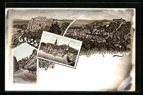 Lithographie Blankenburg, Regenstein, Rathaus, Tränkerstrasse