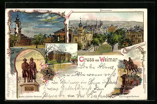 Lithographie Weimar, An der Ilm, Panorama, Schloss, Carl August Denkmal, Göthe u. Schiller Denkmal