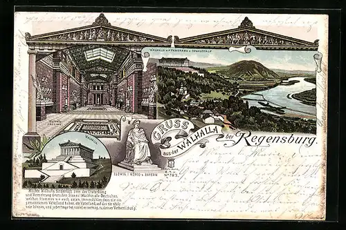 Lithographie Regensburg, Walhalla mit Panorama von Donaustauf, Ludwig I. König v. Bayern