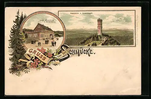 Lithographie Schmücke, Panorama v. Schneekoppe, Hotel Schmücke