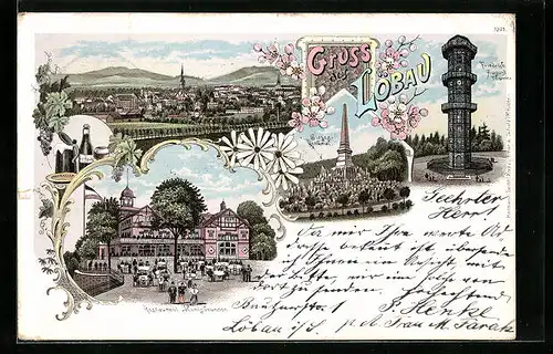 Lithographie Löbau, Restaurant Honigbrunnen, Friedrich August Thurm, Totalansicht