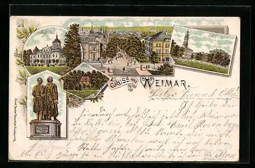 Lithographie Weimar, Schloss Belvedere, Goethe und Schiller Denkmal, Teilansicht