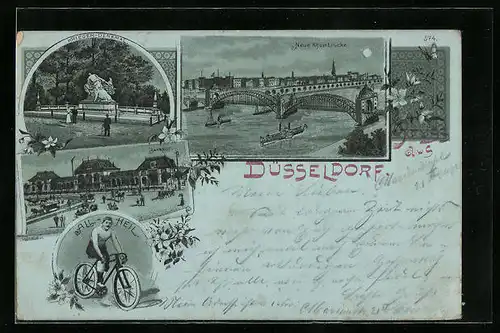 Mondschein-Lithographie Düsseldorf, Krieger-Denkmal, Neue Rheinbrücke, Bahnhof