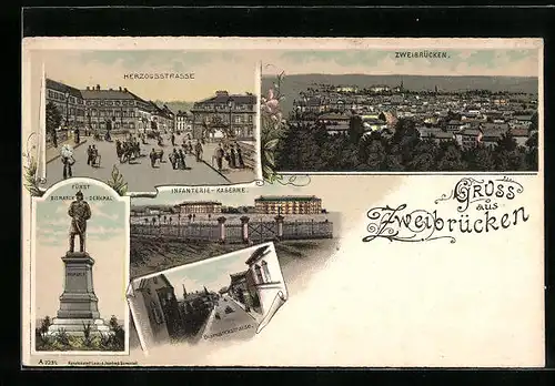 AK Zweibrücken, Infanterie-Kaserne, Totalansicht, Fürst Bismarck-Denkmal, Herzogstrasse