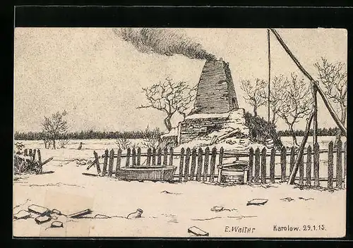 Künstler-AK Karolow, Dorf im Schnee