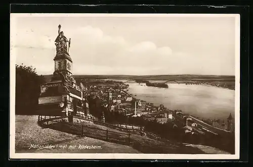 AK Rüdesheim, Ortsansicht aus der Vogelschau mit Nationaldenkmal