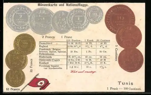 AK Tunesische Münzen und Nationalflagge