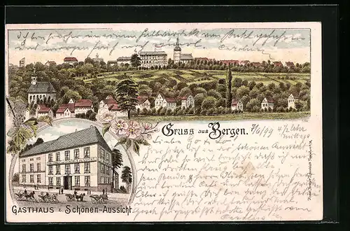 Lithographie Bergen, Gasthaus zur schönen Aussicht, Totalansicht