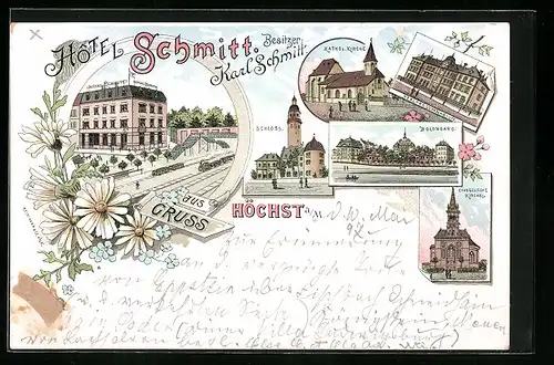 Lithographie Höchst a. M., Hotel Schmitt, Schloss, Kath. Kirche, Bolongaro, Realprogymnasium