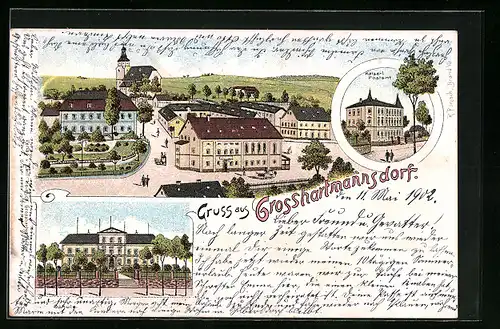 Lithographie Grosshartmannsdorf, Panorama, Kaiserliches Postamt und Schule