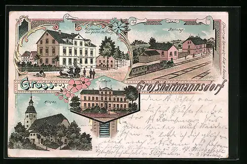 Lithographie Grosshartmannsdorf, Restaurant zur guten Hoffnung, Bahnhof, Kirche und Schule