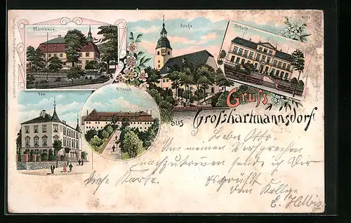 Lithographie Grosshartmannsdorf, Pfarrhaus, Post, Rittergut, Kirche und Schule
