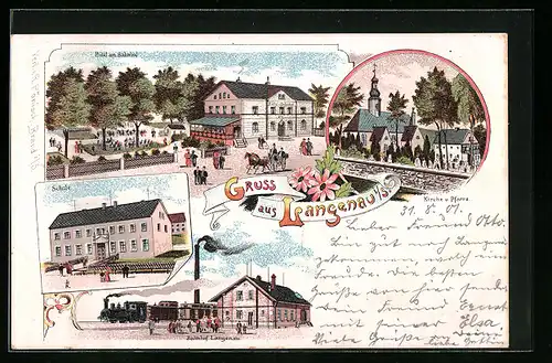 Lithographie Langenau i. S., Hotel am Bahnhof, Schule, Kirche und Pfarre