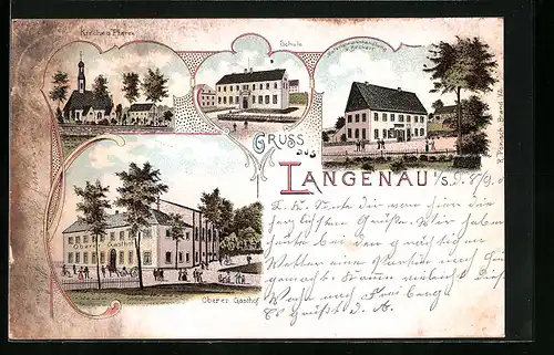 Lithographie Langenau i. S., Oberer Gasthof, Kirche und Pfarre, Schule, Materialwarenhandlung v. Beckert