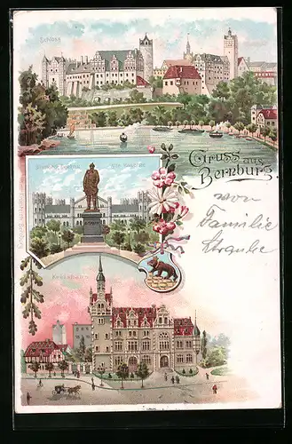 Lithographie Bernburg, Teilansicht mit Schloss, Partie am Kreishaus