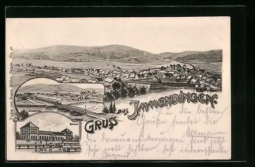 Künstler-AK Immendingen, Ortsansicht mit Blick ins Land, Donaubrücke und Bahnhof