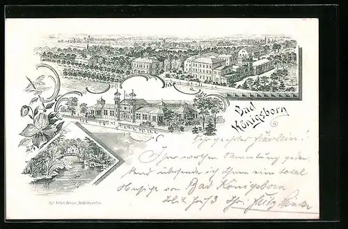 Lithographie Bad Königsborn, Ortsansicht aus der Vogelschau, Kurhaus, Wasserpartie