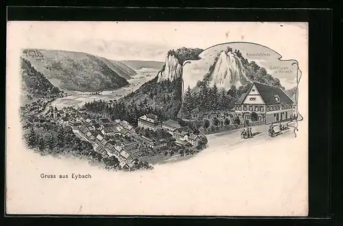 AK Eybach, Ortsansicht mit Umgebung von oben, Gasthaus zum Hirsch mit Strasse und Himmelsfelsen