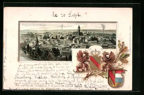Passepartout-Lithographie Pforzheim, Totalansicht aus der Vogelschau, Geprägte Wappen