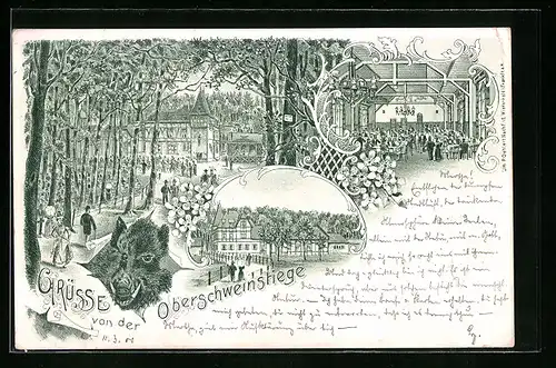 Lithographie Frankfurt-Sachsenhausen, Gasthaus Oberschweinstiege mit Besucherströmen und Saal, Eber